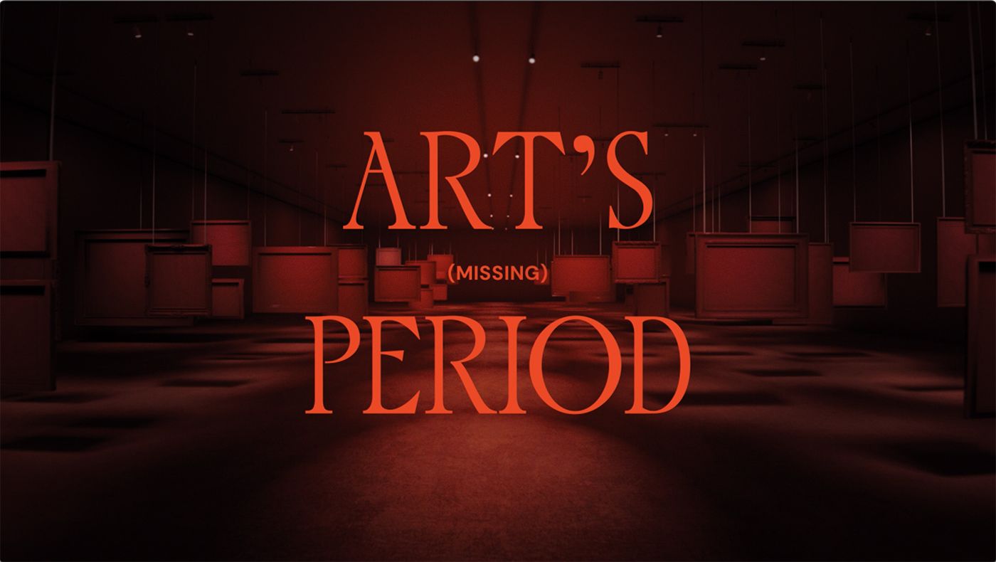 Title card of Art's (Missing) Period: red empty frames hanging in a dark gallery